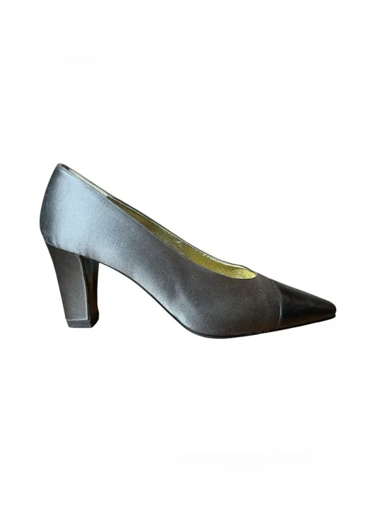 Vintage Chanel Satin Block Heel Leather Cap Toe Pumps - Picture 1 of 9